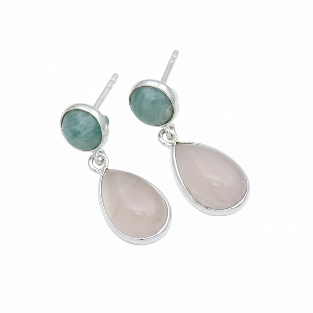 Version 1.0.0 925 Sterling Silver Dangle Earrings with Green Aventurine and Rose Quartz, Round and Pear Shape, Handmade Jewelry for Women - Image 1