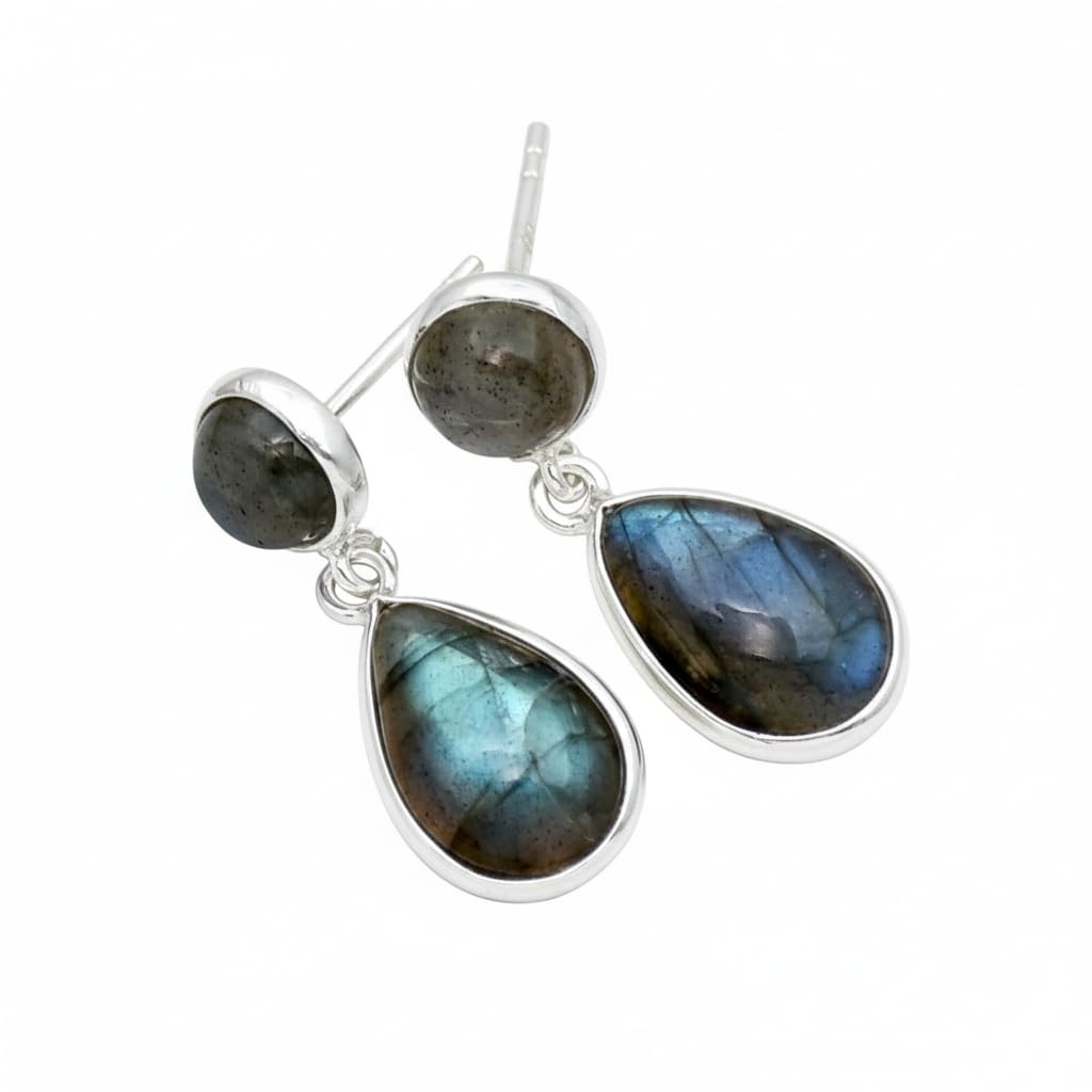 Version 1.0.0 925 Sterling Silver Labradorite Dangle Earrings, Natural Blue Flash Labradorite, Round Stud with Pear Drop, Handmade Jewelry for Women - Image 1